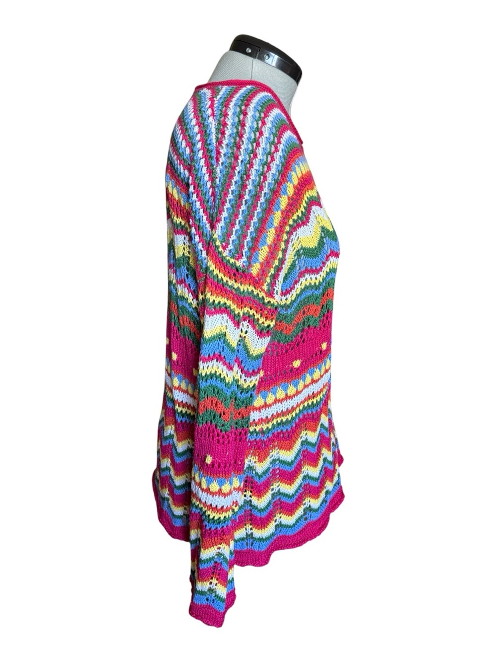 Crochet Knit Bell-Sleeve Sweater - Pink Chevron & Rainbow - Oversized - Picture 6 of 10